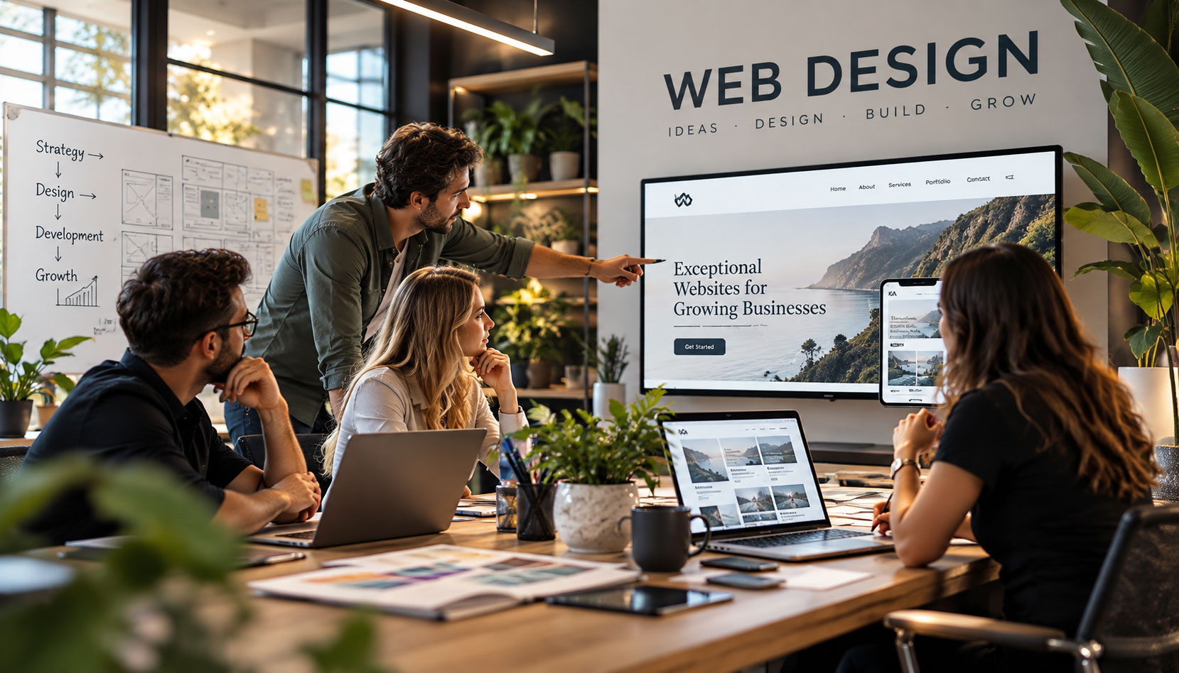 A web design team collaborating in an office, with a designer, a copywriter and a reviewer working together