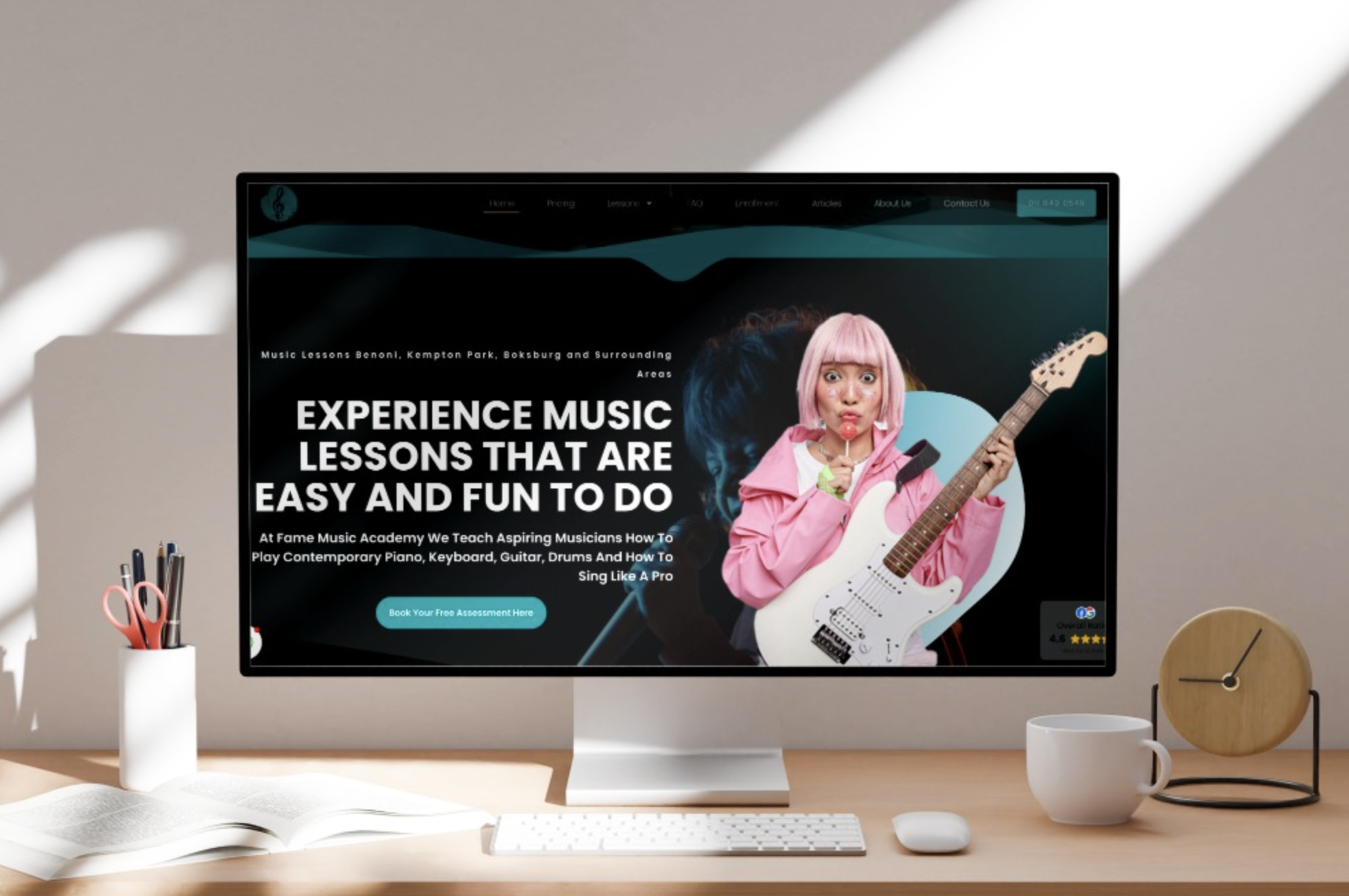 Fame Music Academy homepage shown on a desktop monitor