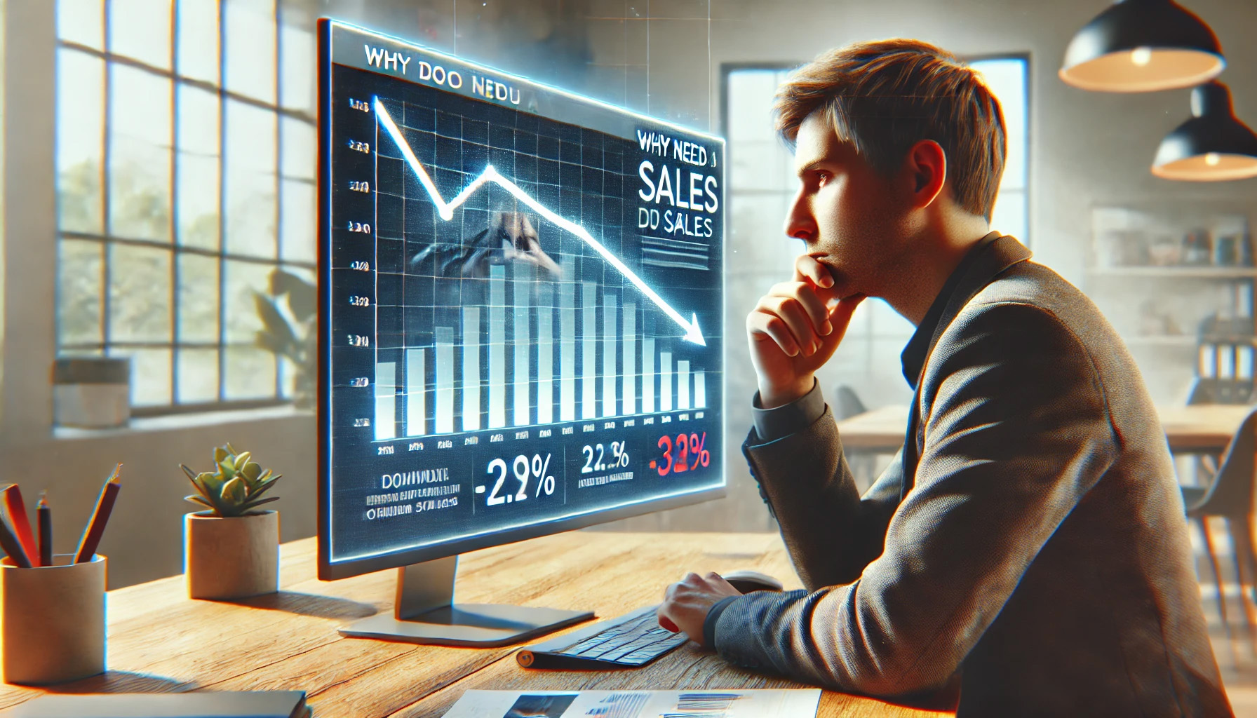 A person at a desk staring thoughtfully at a computer screen showing a chart of declining sales