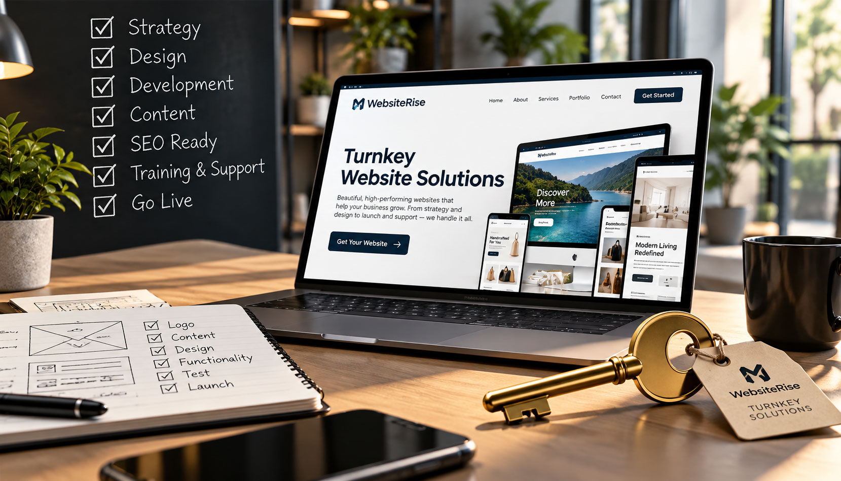 A turnkey website design concept shown on a desktop computer